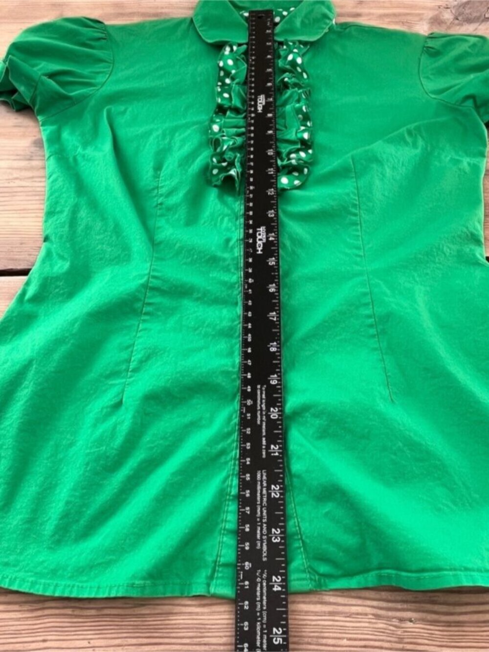 Ruffle Button Up Blouse Womens S Green Polka Dot Puff Sleeve - Picture 4 of 5
